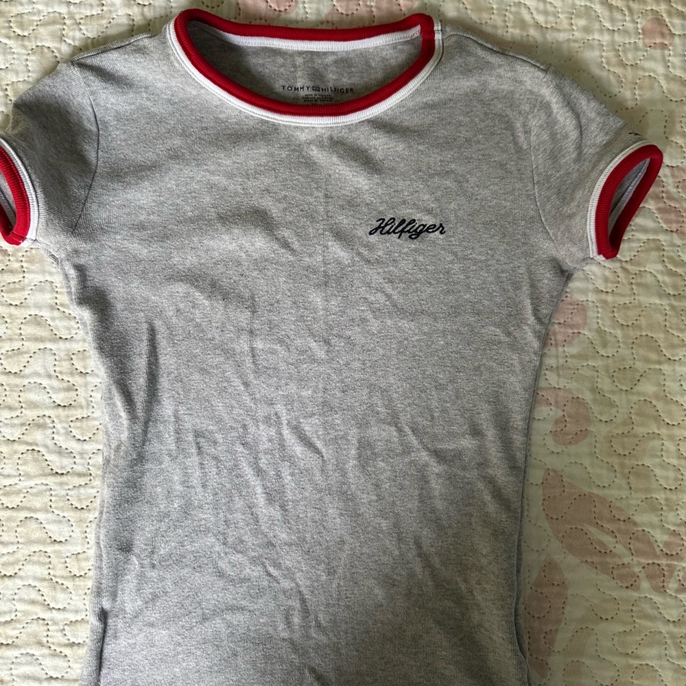 Tommy Hilfiger Heather Gray Tee with Red Accents